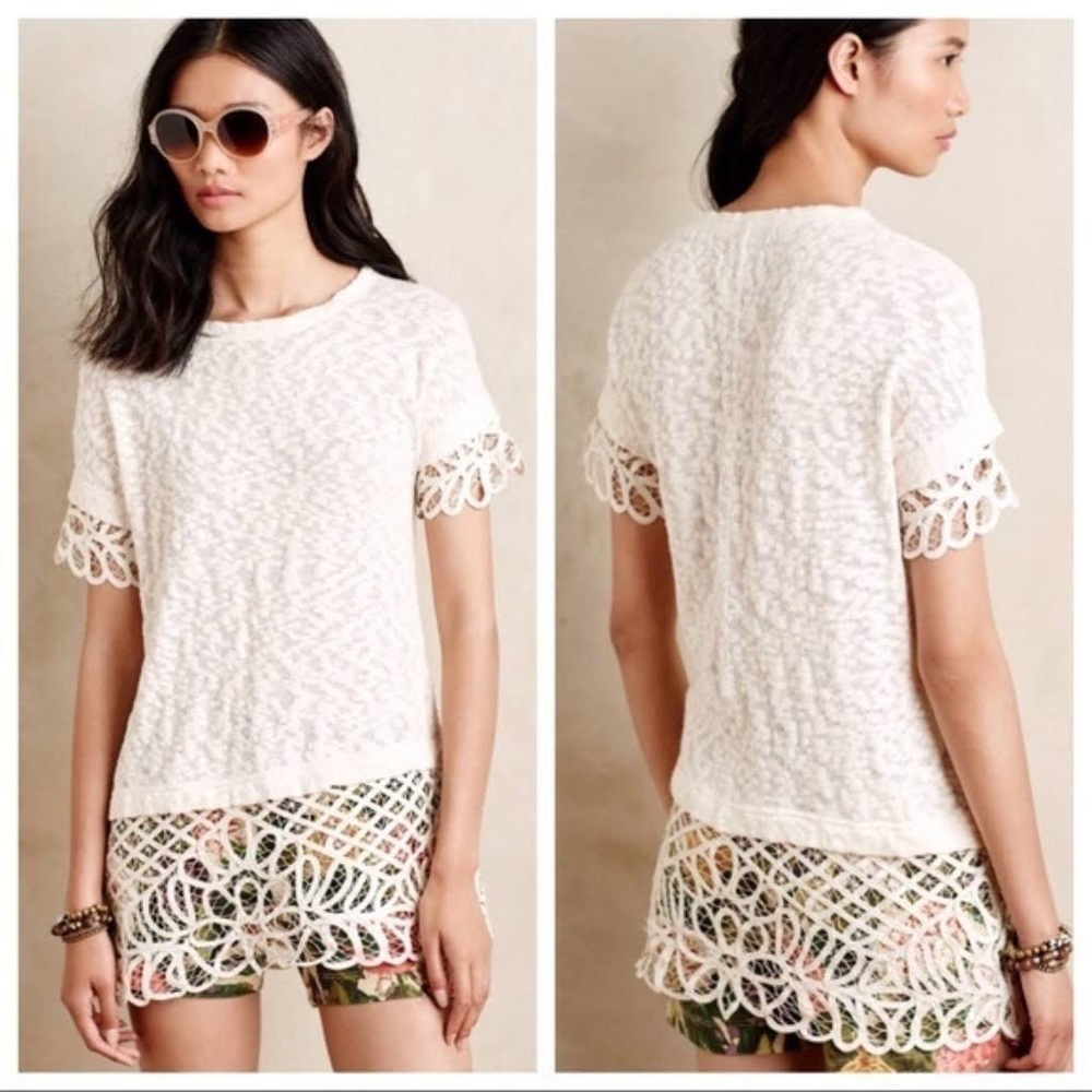 Anthropologie Saturday Sunday Spalliera Lace Trim Cotton Shirt Cream/Ivory
